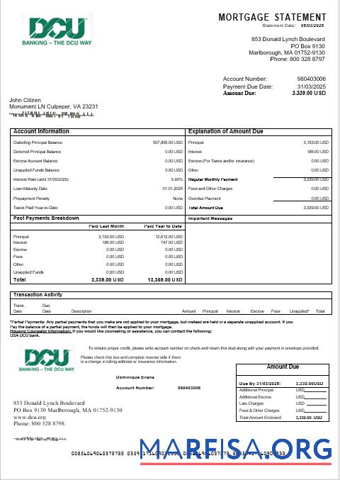 Printable USA DCU bank mortgage statement in Word and PDF formats example